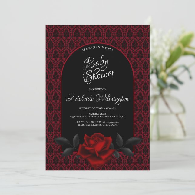 Gothic Red Damask Rose Baby Shower Invitation (Standing Front)