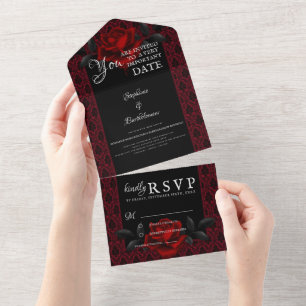 Gothic Red Damask Rose Wedding All In One Invitation