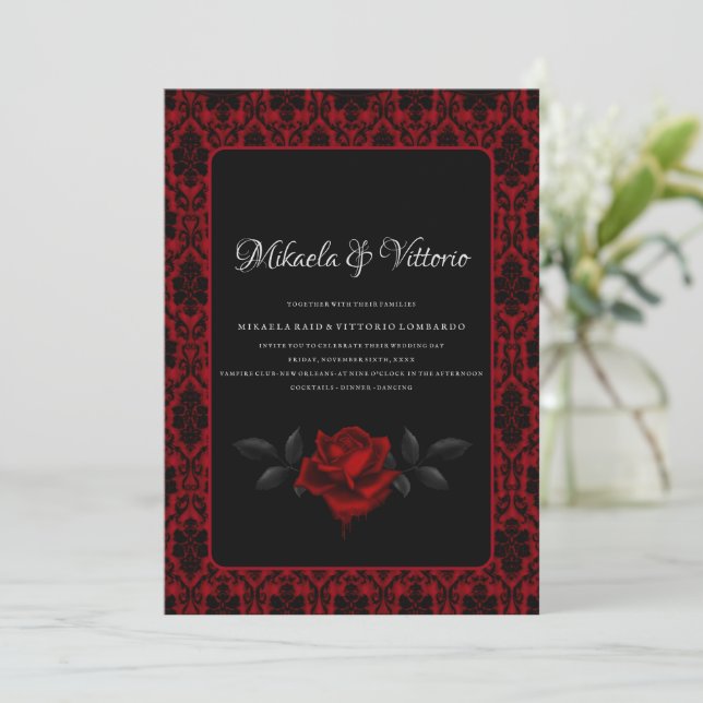 Gothic Red Damask Rose Wedding Invitation (Standing Front)