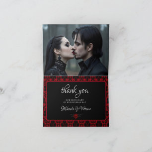 Gothic Red Damask Rose Wedding Letterpress Thank You Card