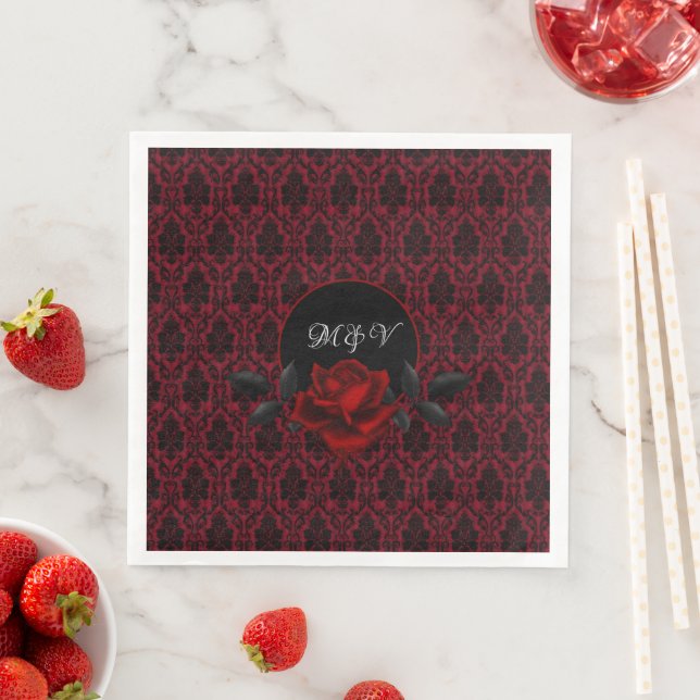 Gothic Red Damask Rose Wedding Paper Dinner Napkins (Insitu)