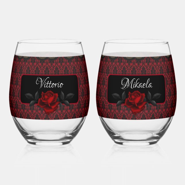 Gothic Red Damask Rose Wedding Stemless Wine Glass (Front)