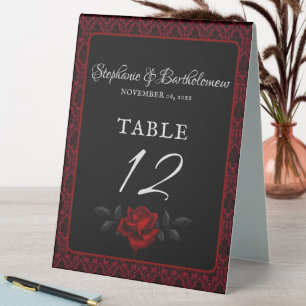 Gothic Red Damask Rose Wedding Table Tent