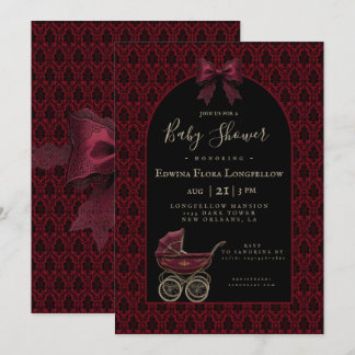 Gothic Red Damask Victorian Pram Baby Shower Invitation