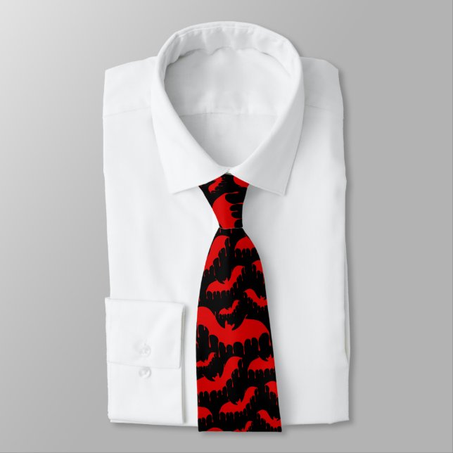  Gothic Red Dripping Blood Bats Halloween Pattern Neck Tie (Tied)