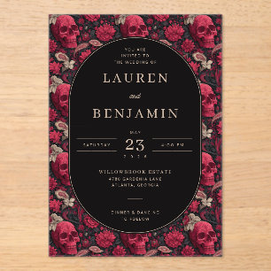 Gothic Red Floral Skull Border Acrylic Invitations