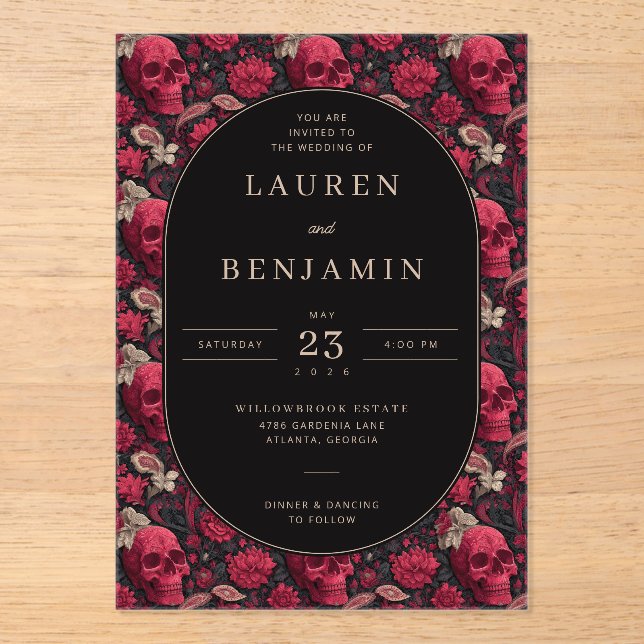 Gothic Red Floral Skull Border Acrylic Invitations (Front)