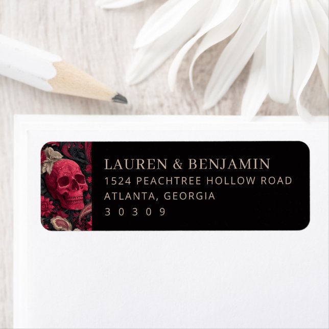 Gothic Red Floral Skull Illustration Label (Insitu)