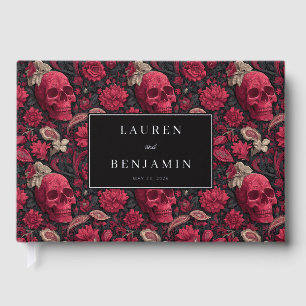 Gothic Red Floral Skulls Foil Guest Book
