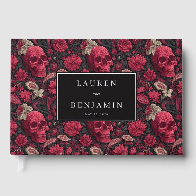 Gothic Red Floral Skulls Foil Guest Book (Front)