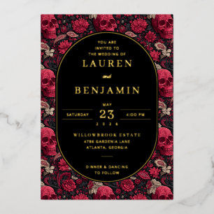 Gothic Red Floral Skulls Foil Invitation