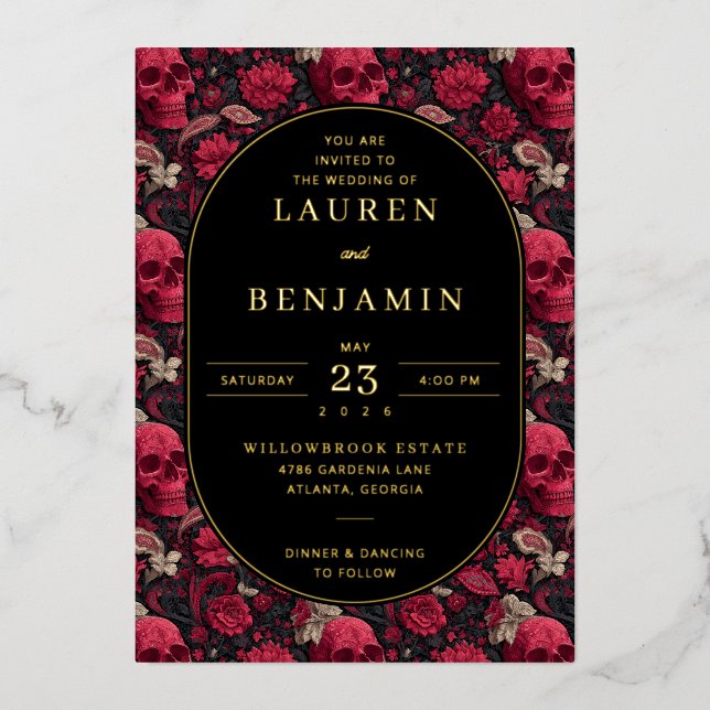 Gothic Red Floral Skulls Foil Invitation (Front)