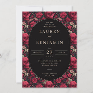 Gothic Red Floral Skulls Invitation