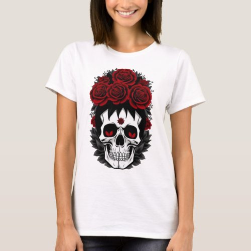 Gothic red flowers and skull tshirt 