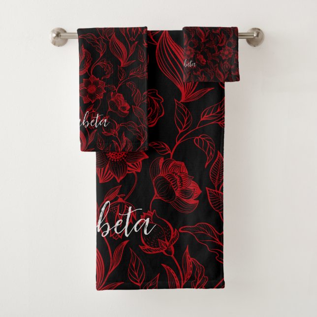 Gothic Red Flowers On Black Bath Towel Set (Insitu)