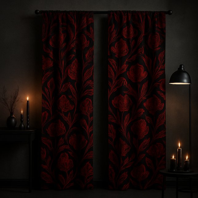 Gothic Red Flowers On Black Blackout Curtains (Creator Uploaded)