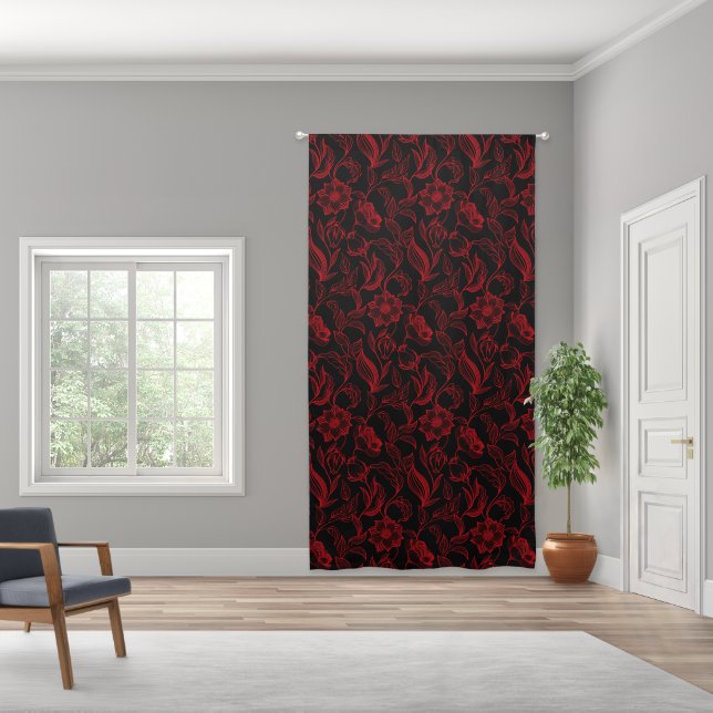 Gothic Red Flowers On Black Blackout Curtains (Wide)