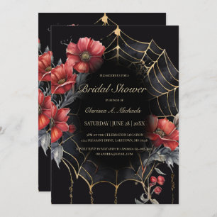 Gothic Red & Gold Floral Spider Web Bridal Shower Invitation