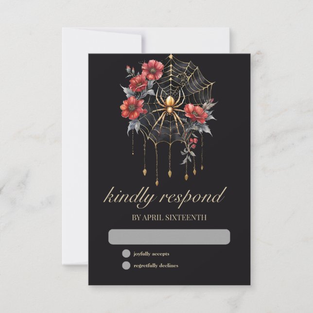 Gothic Red & Gold Floral Spider Web Handfasting RSVP Card (Front)
