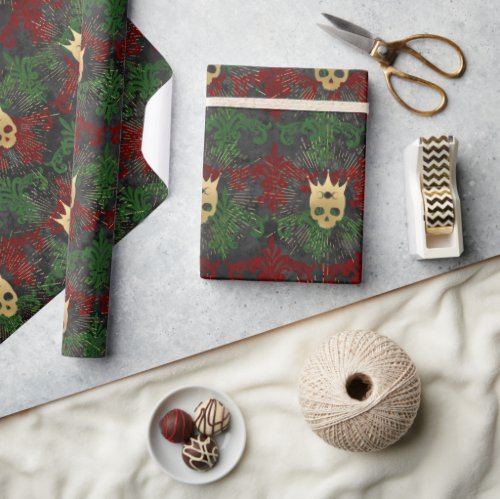 Gothic Red Green and Gold Skull Wrapping Paper