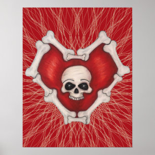 Gothic Red Head With Bones Skull on Spiral Lines Poster