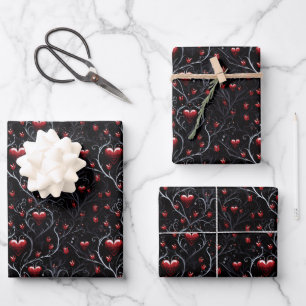 Gothic Red Heart and Gray Fine Lines Wrapping Paper Sheets