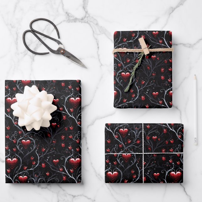 Gothic Red Heart and Gray Fine Lines Wrapping Paper Sheets (Front)