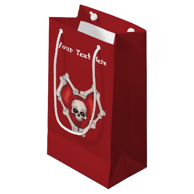 Gothic Red Heart Bone Outline White Skull Dark Red Small Gift Bag (Front Angled)