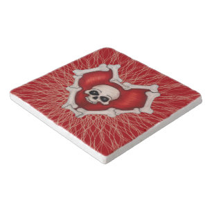 Gothic Red Heart Bordered in Bones Skull Spirals Trivet