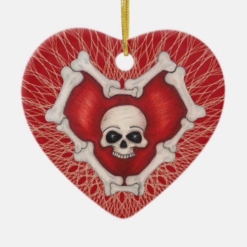 Gothic Red Heart Circled With Bones Skull Spirals Ceramic Ornament