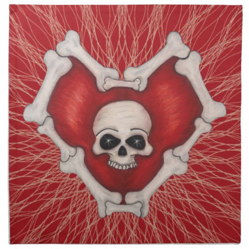 Gothic Red Heart of Bones With Skull White Spirals Cloth Napkin