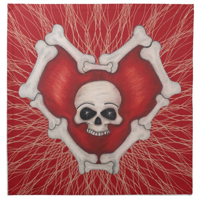 Gothic Red Heart of Bones With Skull White Spirals Cloth Napkin (Front)