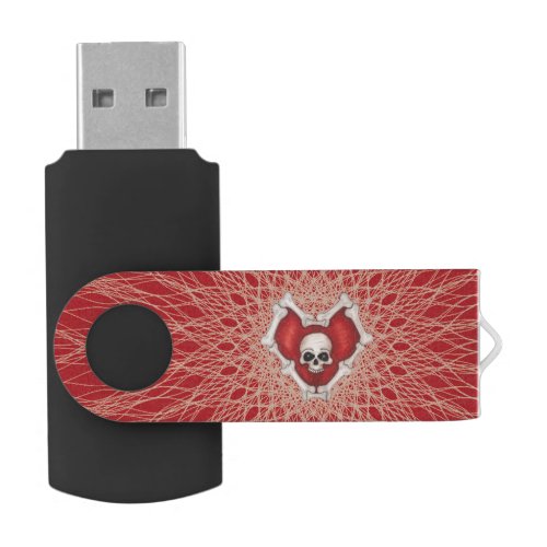 Gothic Red Heart of Bones With Skull White Spirals Flash Drive