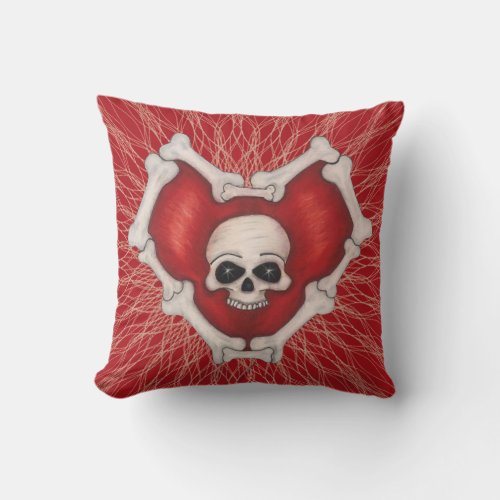 Gothic Red Heart on Spirals White Skull and Bones Throw Pillow