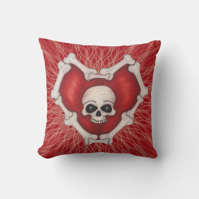 Gothic Red Heart on Spirals White Skull and Bones Throw Pillow (Front)