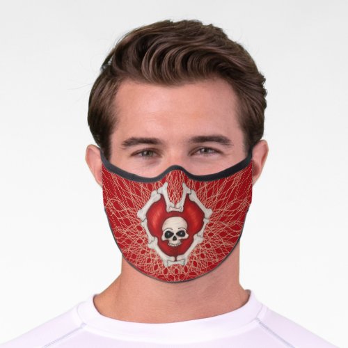Gothic Red Heart Outlined in Bones on Spidery Line Premium Face Mask