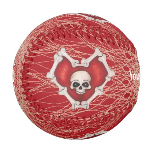 Gothic Red Heart Outlined in Bones Skull Spirals Baseball
