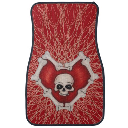 Gothic Red Heart Outlined in Bones Skull Spirals Car Floor Mat