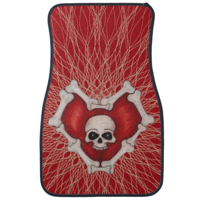 Gothic Red Heart Outlined in Bones Skull Spirals Car Floor Mat (Front)