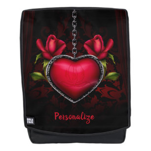 Gothic Red Heart & Roses Personalize Backpack