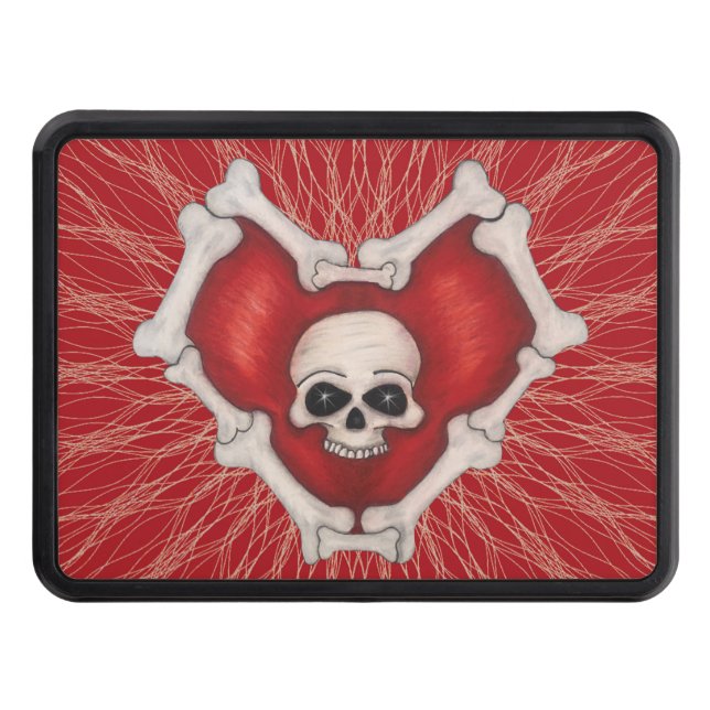 Gothic Red Heart Skull and Bones Spidery Lines Hitch Cover (Front)