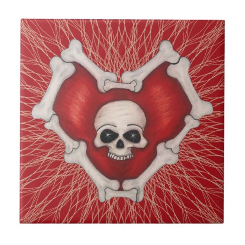 Gothic Red Heart With Bones Skull in Center Spiral Ceramic Tile