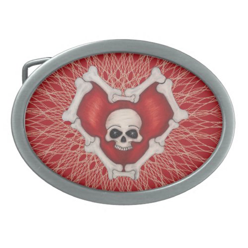 Gothic Red Heart With Bones Skull on Spiral Lines Belt Buckle