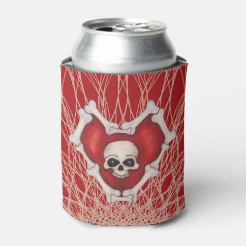 Gothic Red Heart With Bones Skull on Spiral Lines Can Cooler
