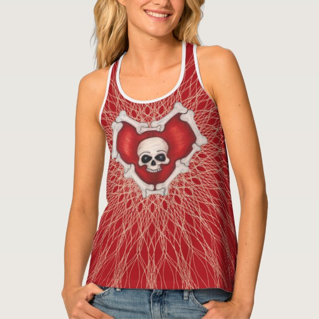 Gothic Red Heart With Bones Skull Spiral Lines Tank Top (Front)