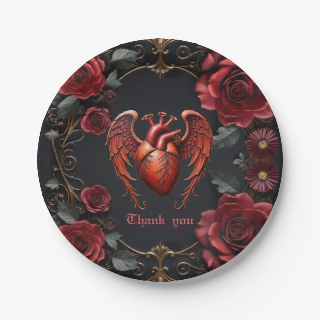 Gothic Red Heart with Roses – Dark Romantic  Paper Plates (Front)