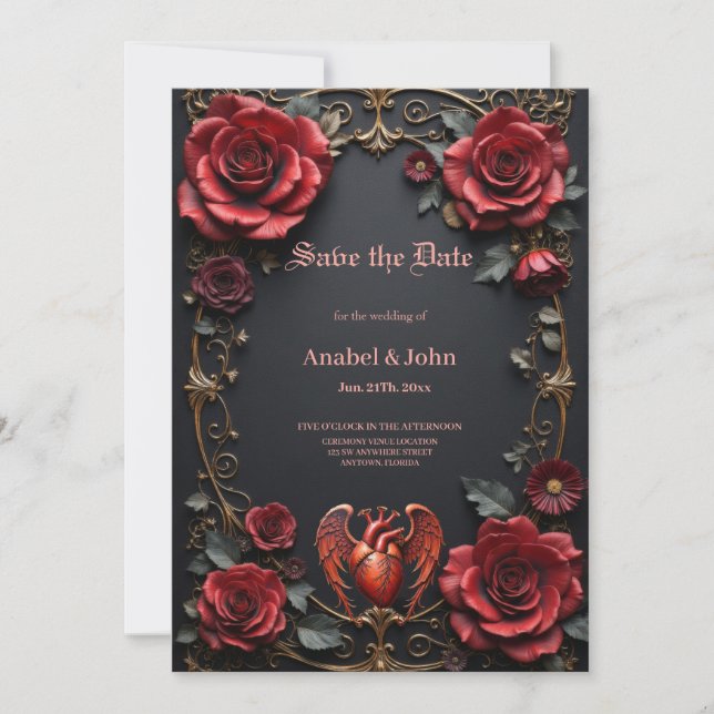 Gothic Red Heart with Roses – Dark Romantic  Save The Date (Front)