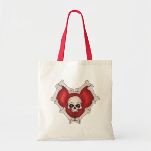 Gothic Red Heart With Skull Outlined in Bones Tote Bag