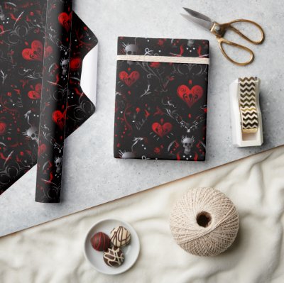 Gothic Red Hearts and Gray Skulls Wrapping Paper