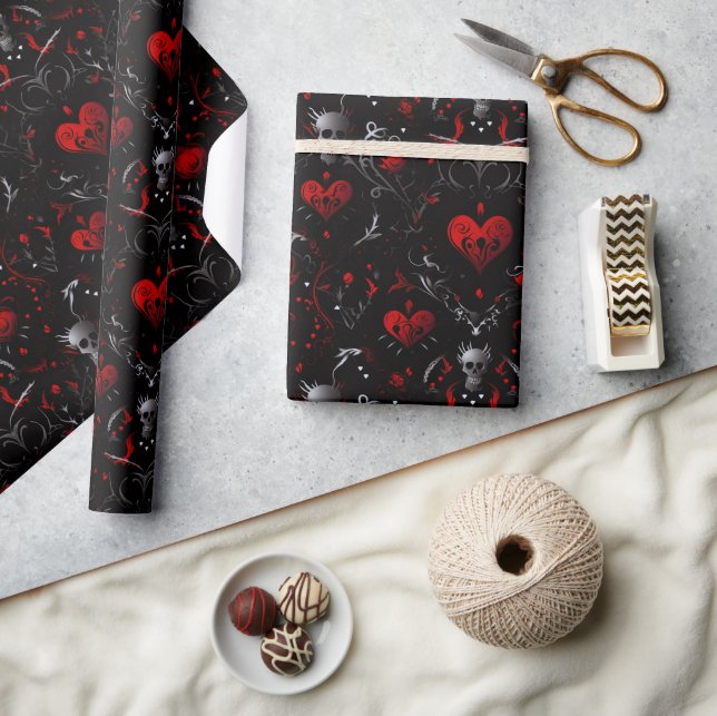Gothic Red Hearts and Gray Skulls Wrapping Paper (Crafts)